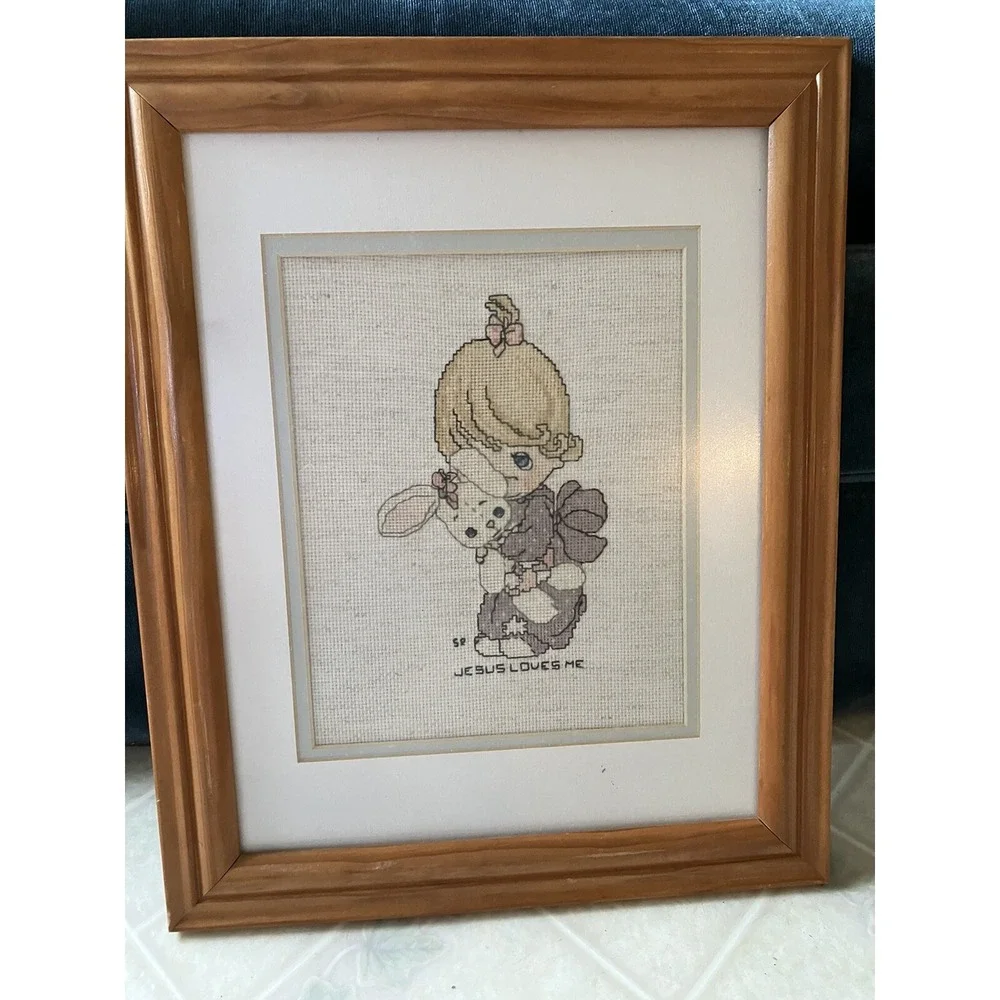 Jesus Loves Me Complete Cross Stitch Picture Framed Precious Moments 13.5 x 16.5